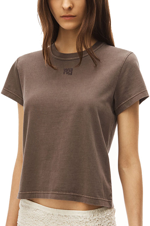 Essential Puff Logo And Bound Neck Jersey Shrunk Washed Cola T-Shirt