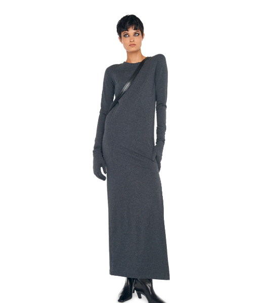 Dark Heather Grey Long Sleeve Tailored Dress to Ankle W Side Slit