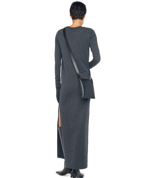 Dark Heather Grey Long Sleeve Tailored Dress to Ankle W Side Slit