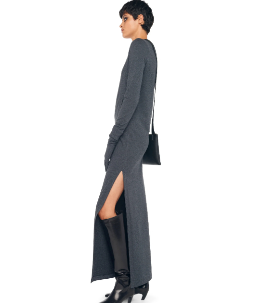 Dark Heather Grey Long Sleeve Tailored Dress to Ankle W Side Slit