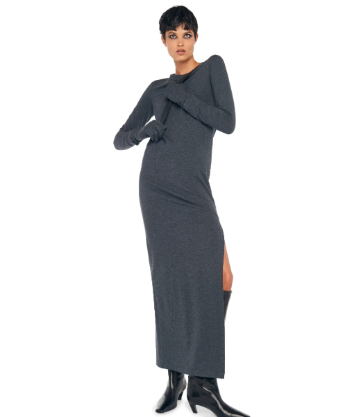 Dark Heather Grey Long Sleeve Tailored Dress to Ankle W Side Slit