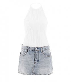 ALEXANDER WANG HYBRID HALTER DRESS - WHITE RIB W LIGHT INDIGO BLE