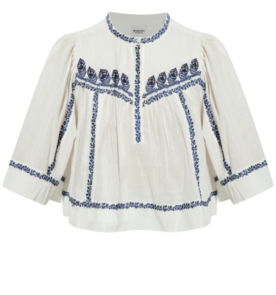 Ecru/Blue Juline Embroidered Cotton Top