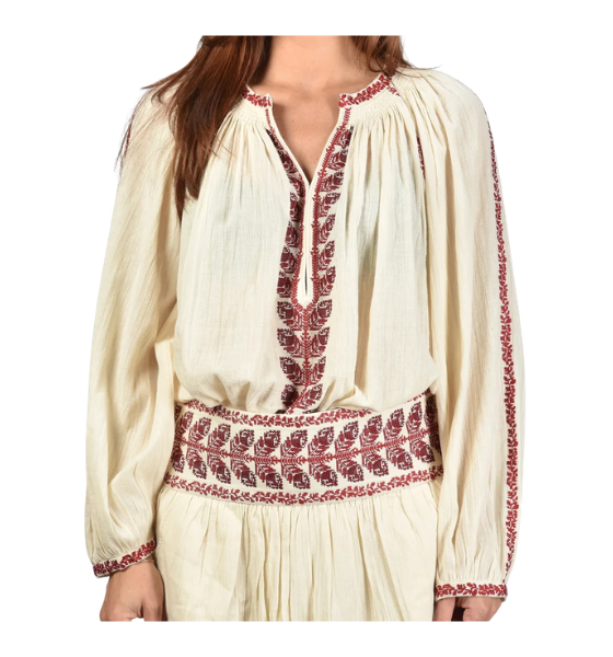 Beige/Red Lena Embroidered Cotton Blouse