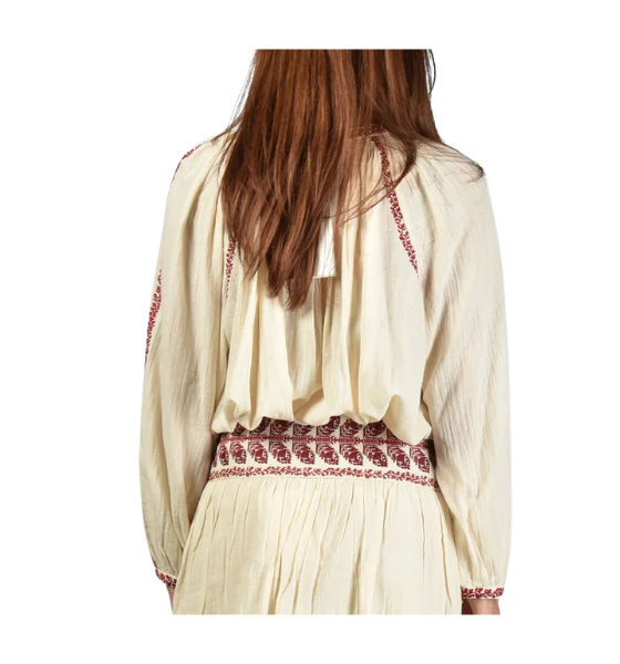 Beige/Red Lena Embroidered Cotton Blouse