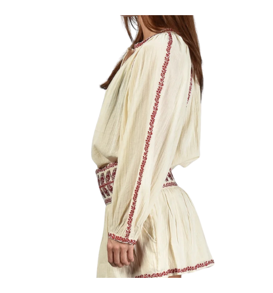Beige/Red Lena Embroidered Cotton Blouse