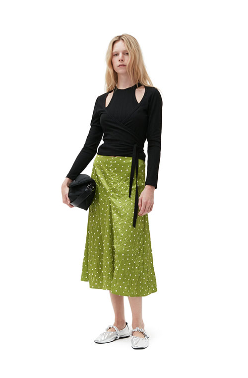 Crinkled Satin Midi Skirt