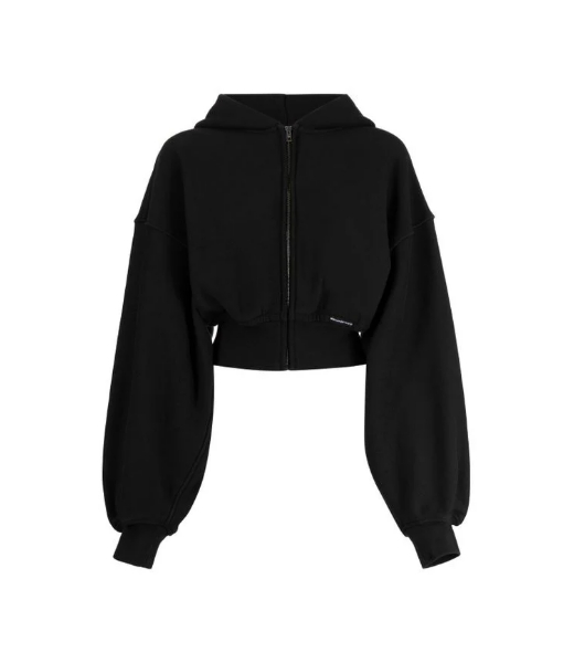 Faded Black Cropped Zip Up Hoodie With Branded Seam Label