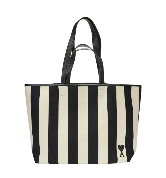 White Cream/Black Ami De Coeur Striped Shopping Bag