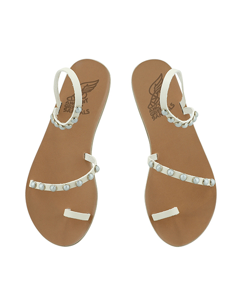 ANCIENT GREEK SANDALS OFF WHITE LEATH PEARLS EMBELISHED SANDALS
