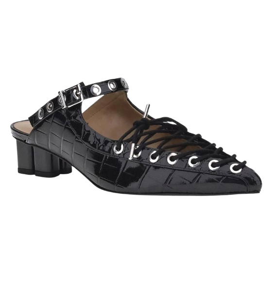 Black Eyelets Lace Up Mule Shiny