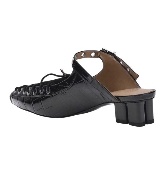 Black Eyelets Lace Up Mule Shiny