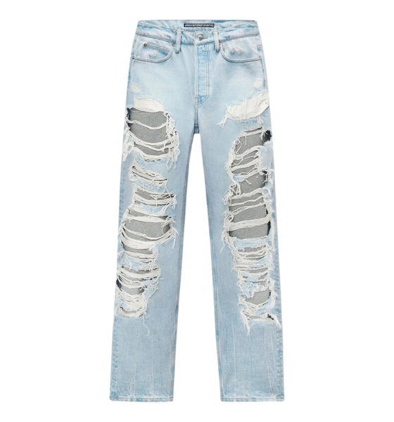 Light Bleach Distressed Straight Jeans Backed W/ Knit