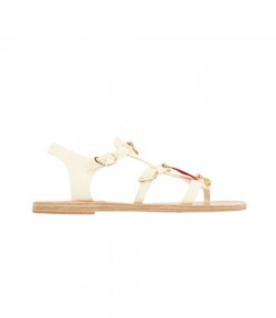ANCIENT GREEK SANDALS WHITE LEATHER FLAT SANDAL WITH RED CHARMS
