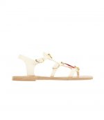 ANCIENT GREEK SANDALS WHITE LEATHER FLAT SANDAL WITH RED CHARMS
