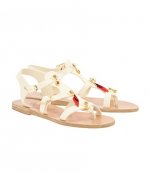 ANCIENT GREEK SANDALS WHITE LEATHER FLAT SANDAL WITH RED CHARMS