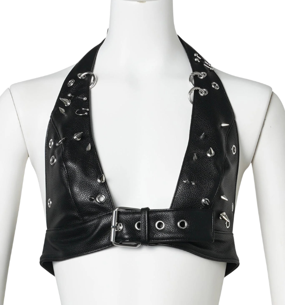 Black Leather Pierce Halter Top