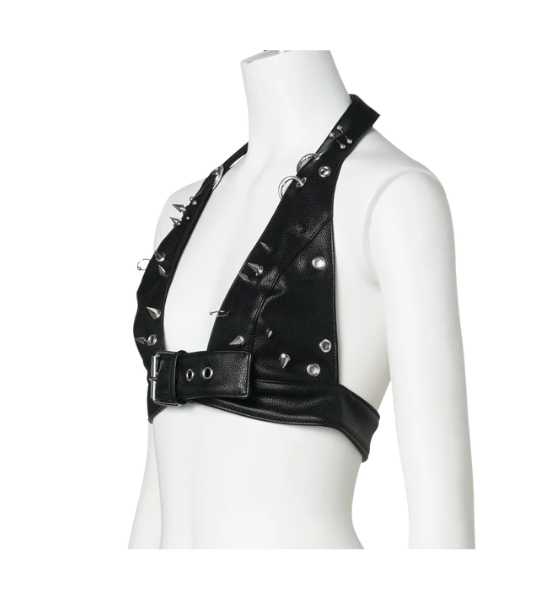 Black Leather Pierce Halter Top