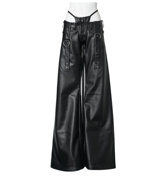 Black Leather Belted Thong Pants