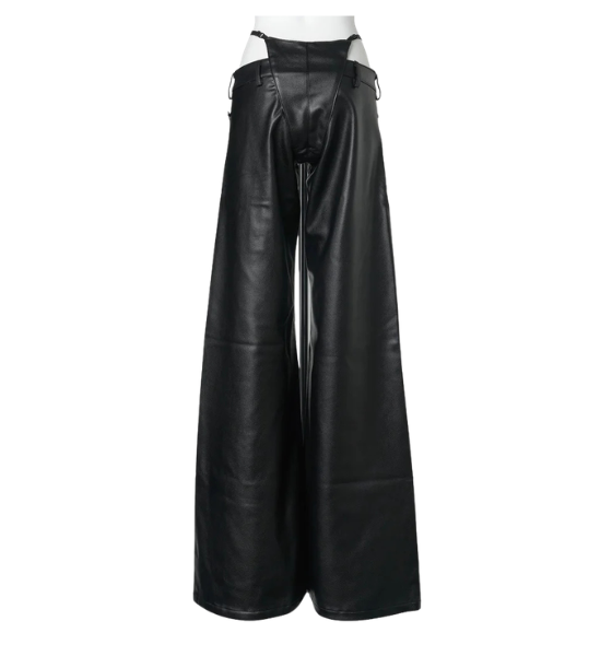 Black Leather Belted Thong Pants