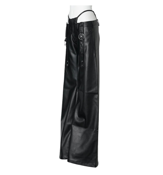 Black Leather Belted Thong Pants