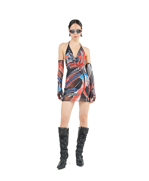 Racing Mesh Drape Dress With Gloves Red
