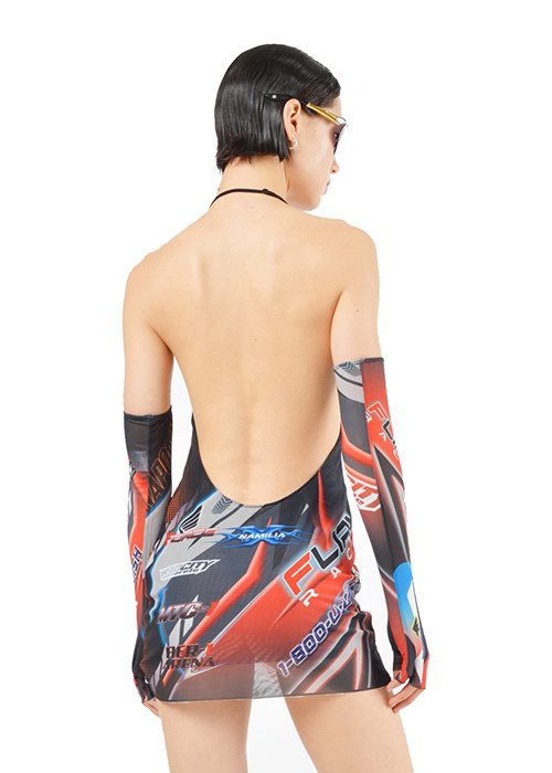 Racing Mesh Drape Dress With Gloves Red
